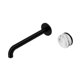 An image of Nero Tapware's Serenity Progressive Wall Basin Mixer 220mm Spout With Arabescato Corchia Handle Matt Black