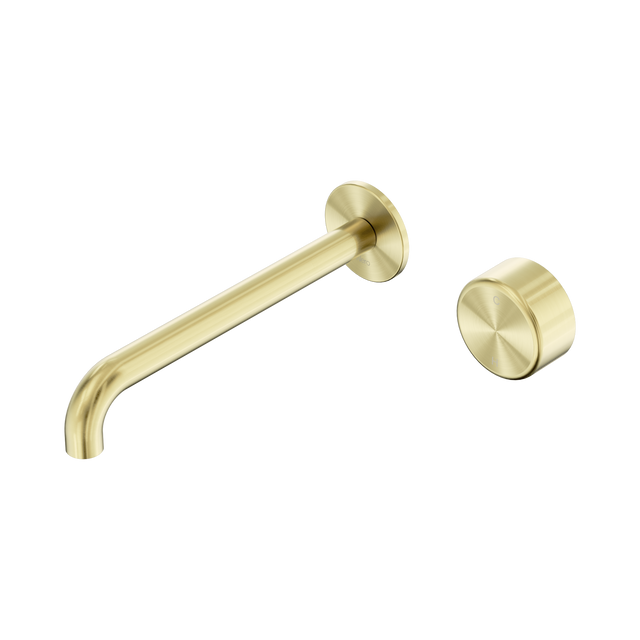An image of Nero Tapware's Serenity Progressive Wall Basin Mixer 220mm Spout With Metal Handle Brushed Gold