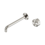 An image of Nero Tapware's Serenity Progressive Wall Basin Mixer 220mm Spout With Metal Handle Brushed Nickel