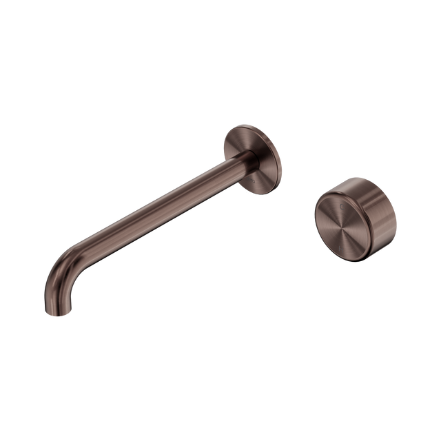 An image of Nero Tapware's Serenity Progressive Wall Basin Mixer 220mm Spout With Metal Handle Brushed Bronze