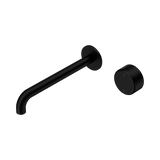 An image of Nero Tapware's Serenity Progressive Wall Basin Mixer 220mm Spout With Metal Handle Matt Black