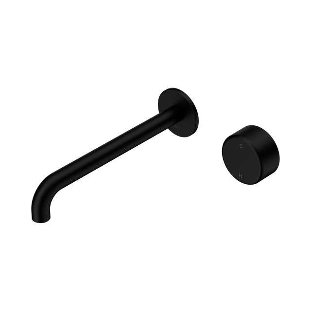 An image of Nero Tapware's Serenity Progressive Wall Basin Mixer 220mm Spout With Metal Handle Matt Black