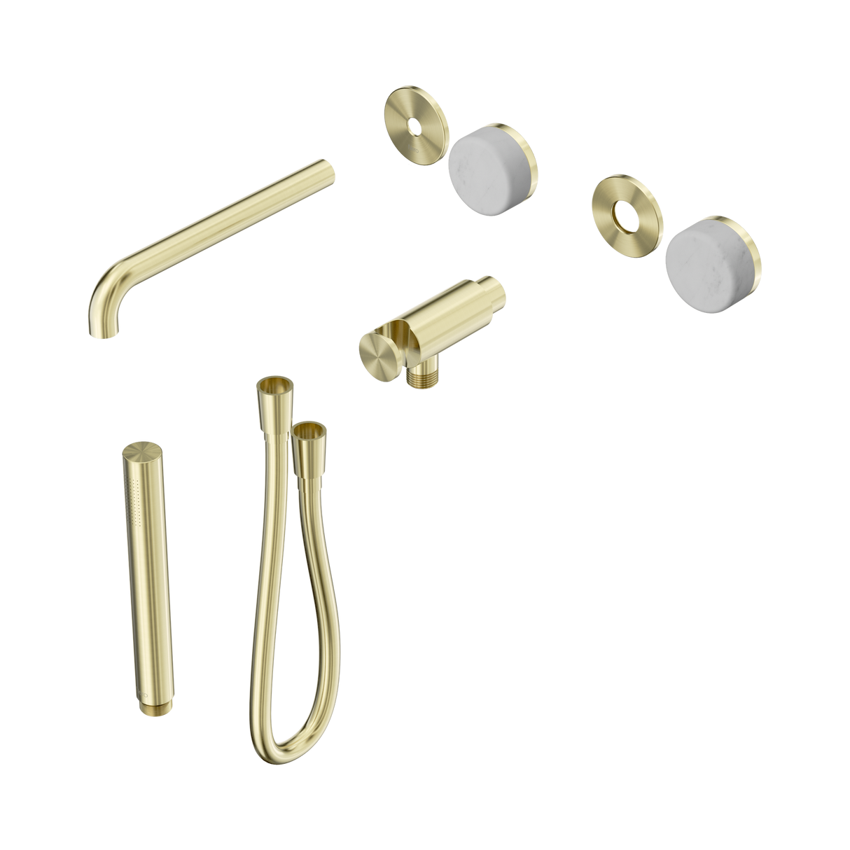 An image of Nero Tapware's Serenity Progressive Shower System With Spout With Carrara Handle And Slim Shower Trim Kit Only Brushed Gold