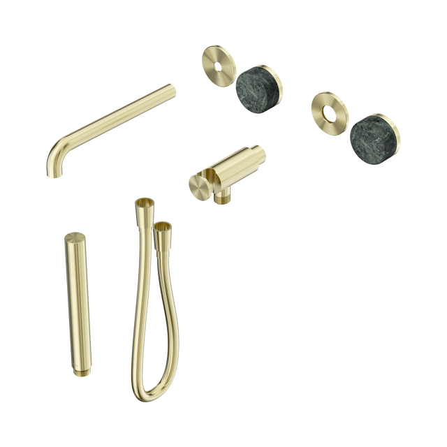 An image of Nero Tapware's Serenity Progressive Shower System With Spout With Verde Alpi Handle And Slim Shower Trim Kit Only Brushed Gold