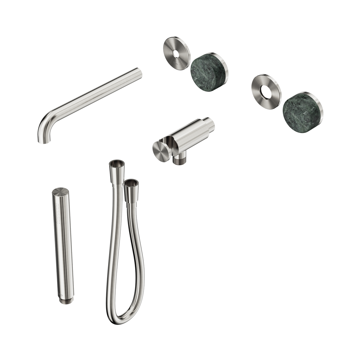 An image of Nero Tapware's Serenity Progressive Shower System With Spout With Verde Alpi Handle And Slim Shower Trim Kit Only Brushed Nickel