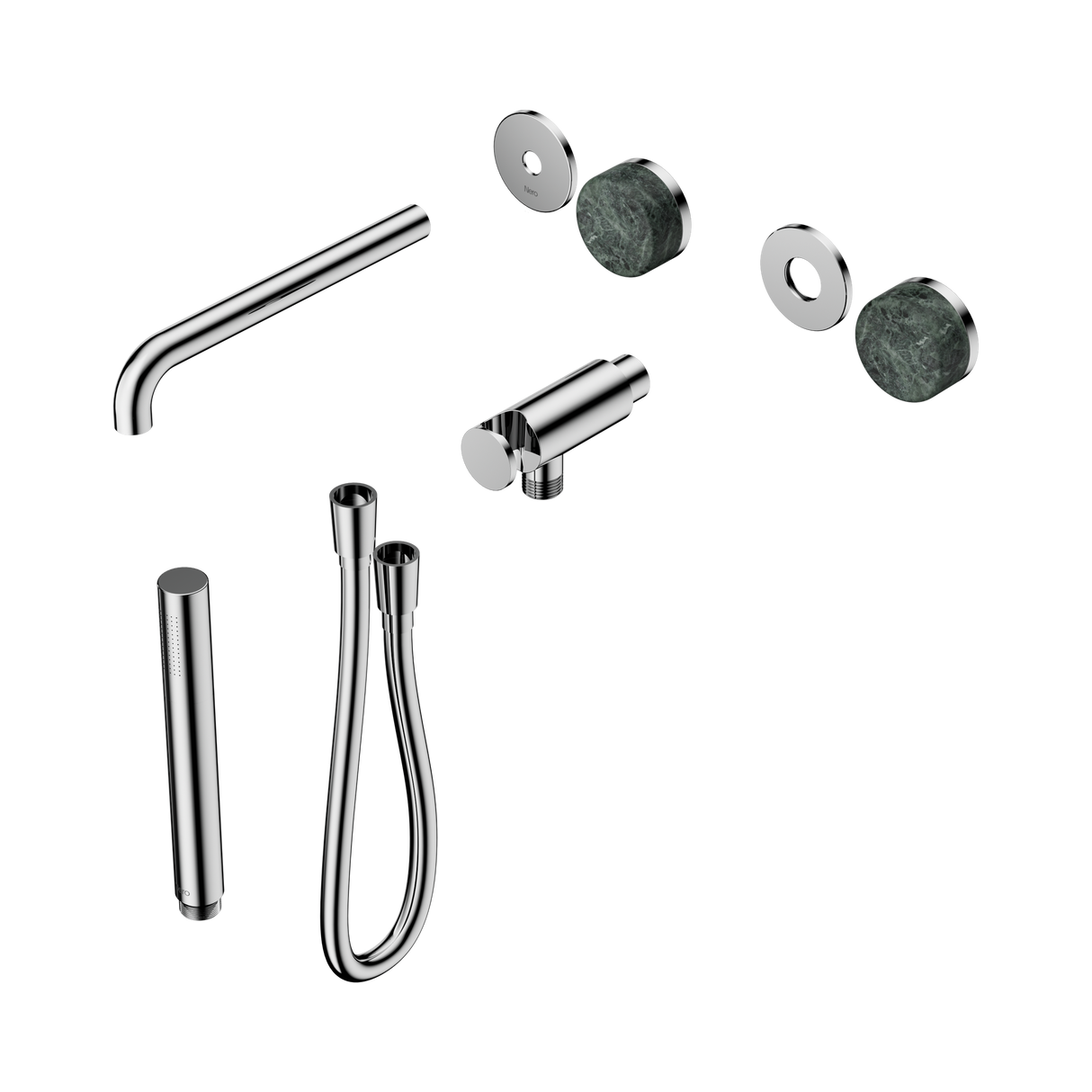 An image of Nero Tapware's Serenity Progressive Shower System With Spout With Verde Alpi Handle And Slim Shower Trim Kit Only Chrome