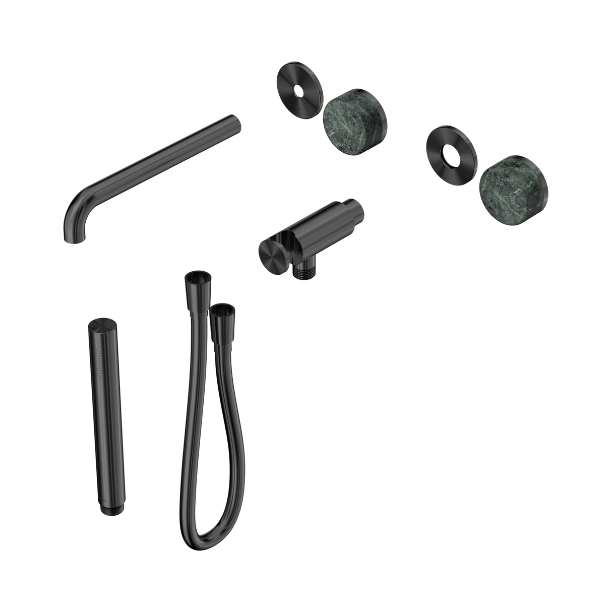 An image of Nero Tapware's Serenity Progressive Shower System With Spout With Verde Alpi Handle And Slim Shower Trim Kit Only Gun Metal