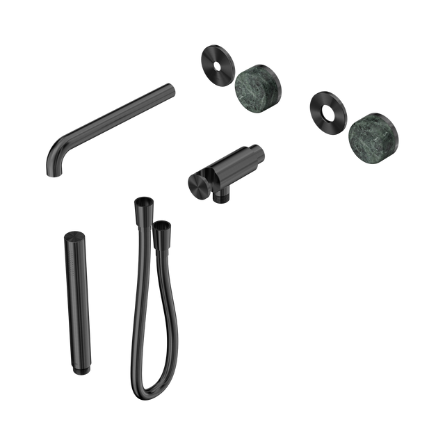 An image of Nero Tapware's Serenity Progressive Shower System With Spout With Verde Alpi Handle And Slim Shower Trim Kit Only Gun Metal