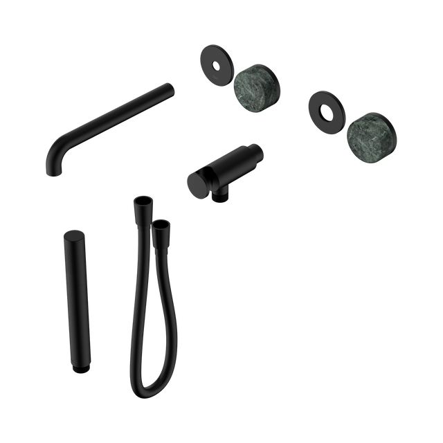 An image of Nero Tapware's Serenity Progressive Shower System With Spout With Verde Alpi Handle And Slim Shower Trim Kit Only Matt Black