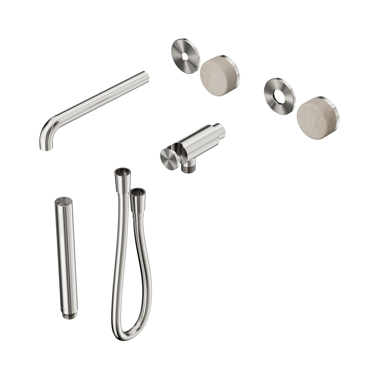 An image of Nero Tapware's Serenity Progressive Shower System With Spout With Rome Travertine Handle And Slim Shower Trim Kit Only Brushed Nickel