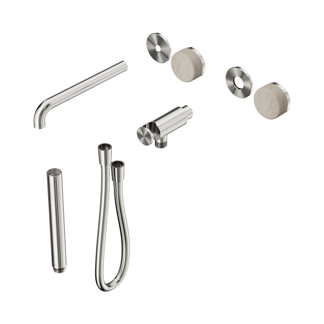 An image of Nero Tapware's Serenity Progressive Shower System With Spout With Rome Travertine Handle And Slim Shower Trim Kit Only Brushed Nickel