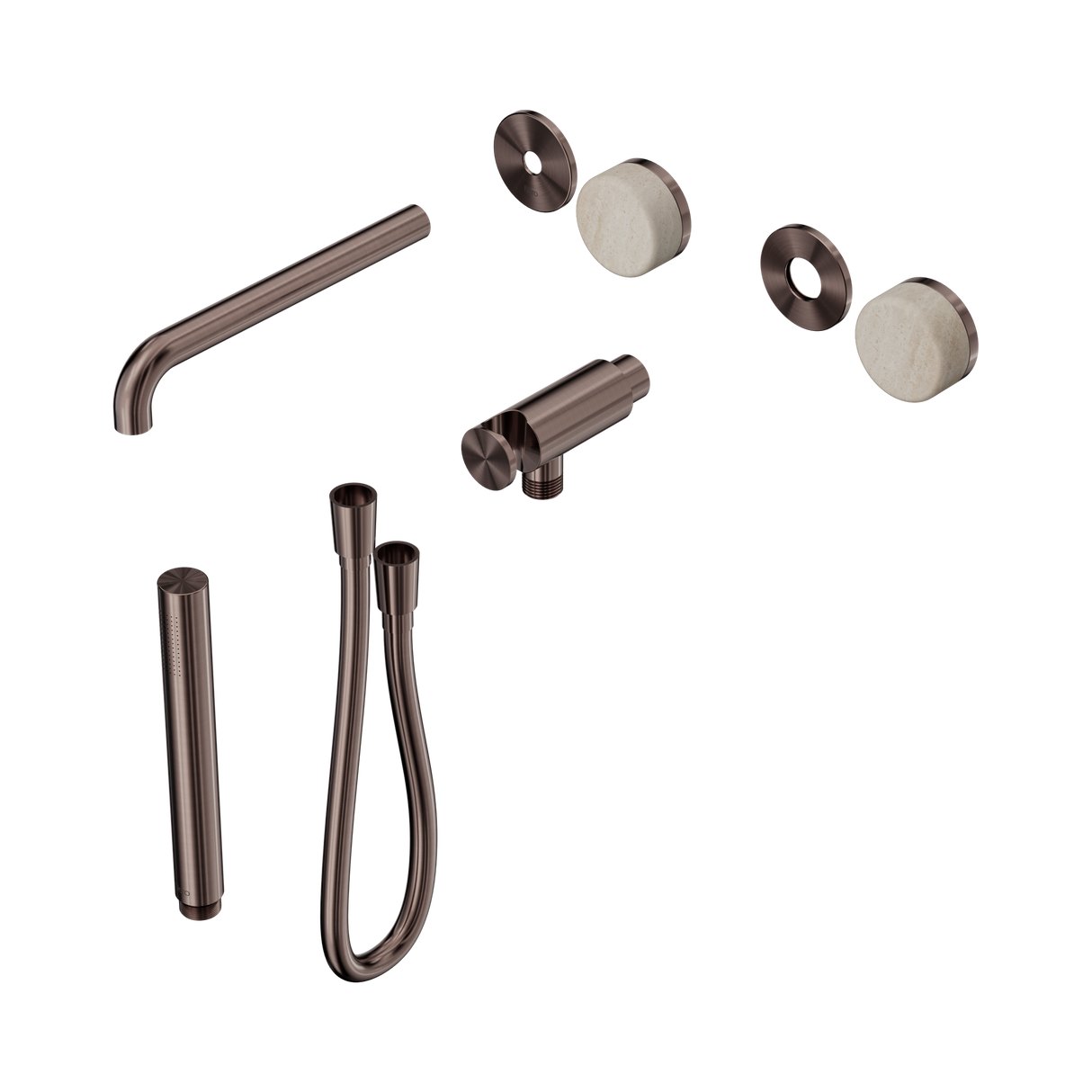 An image of Nero Tapware's Serenity Progressive Shower System With Spout With Rome Travertine Handle And Slim Shower Trim Kit Only Brushed Bronze