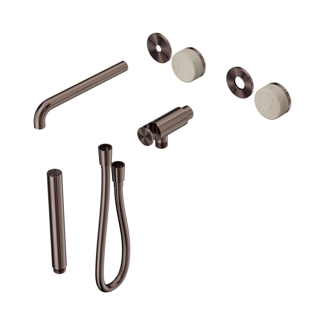An image of Nero Tapware's Serenity Progressive Shower System With Spout With Rome Travertine Handle And Slim Shower Trim Kit Only Brushed Bronze