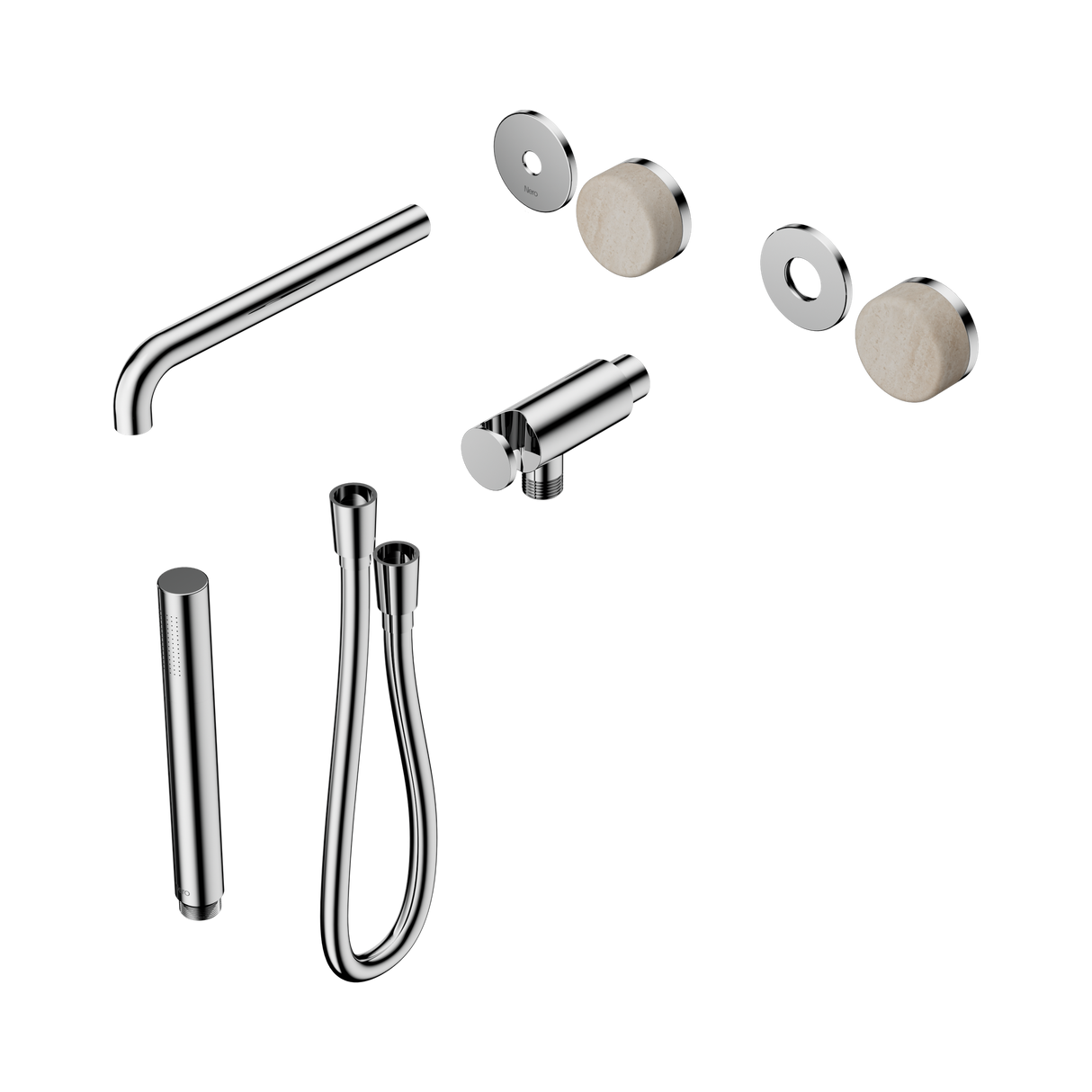 An image of Nero Tapware's Serenity Progressive Shower System With Spout With Rome Travertine Handle And Slim Shower Trim Kit Only Chrome