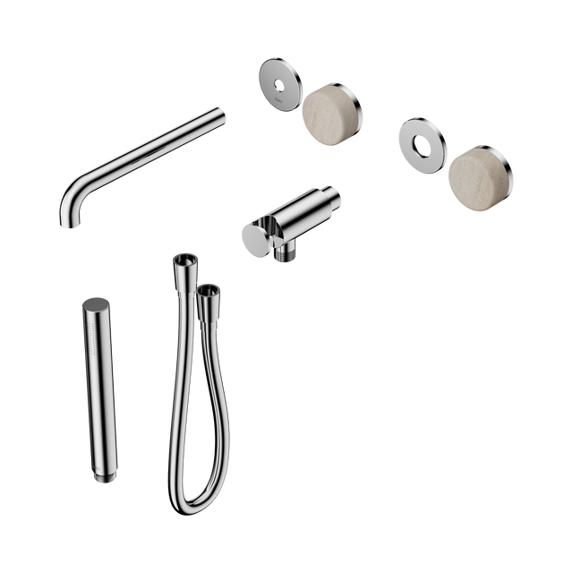 An image of Nero Tapware's Serenity Progressive Shower System With Spout With Rome Travertine Handle And Slim Shower Trim Kit Only Chrome