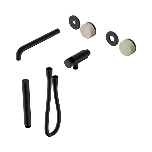 An image of Nero Tapware's Serenity Progressive Shower System With Spout With Rome Travertine Handle And Slim Shower Trim Kit Only Matt Black