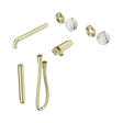 An image of Nero Tapware's Serenity Progressive Shower System With Spout With Arabescato Corchia Handle And Slim Shower Trim Kit Only Brushed Gold