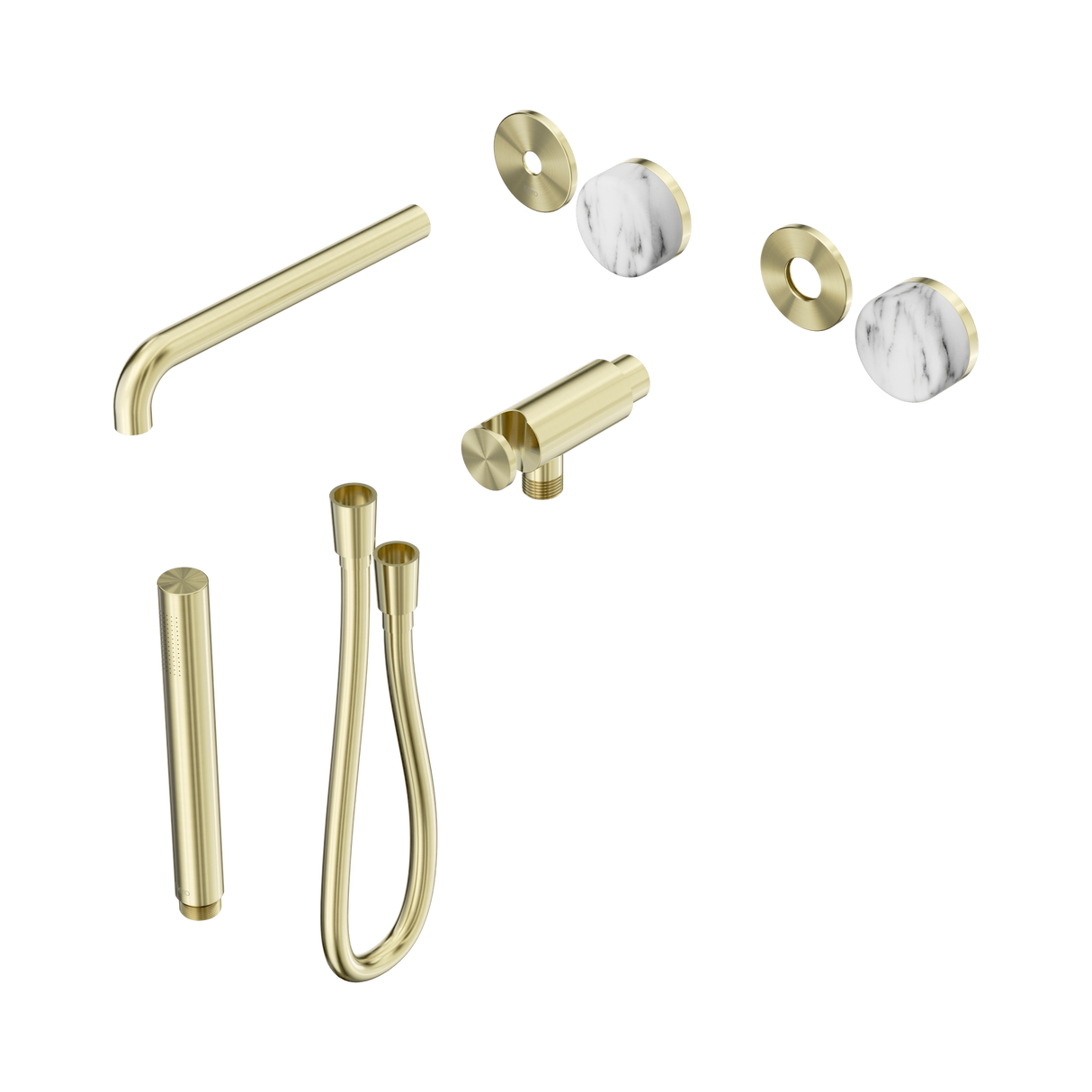 An image of Nero Tapware's Serenity Progressive Shower System With Spout With Arabescato Corchia Handle And Slim Shower Trim Kit Only Brushed Gold