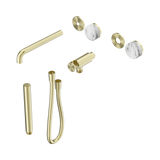 An image of Nero Tapware's Serenity Progressive Shower System With Spout With Arabescato Corchia Handle And Slim Shower Trim Kit Only Brushed Gold
