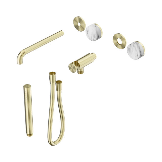 An image of Nero Tapware's Serenity Progressive Shower System With Spout With Arabescato Corchia Handle And Slim Shower Trim Kit Only Brushed Gold
