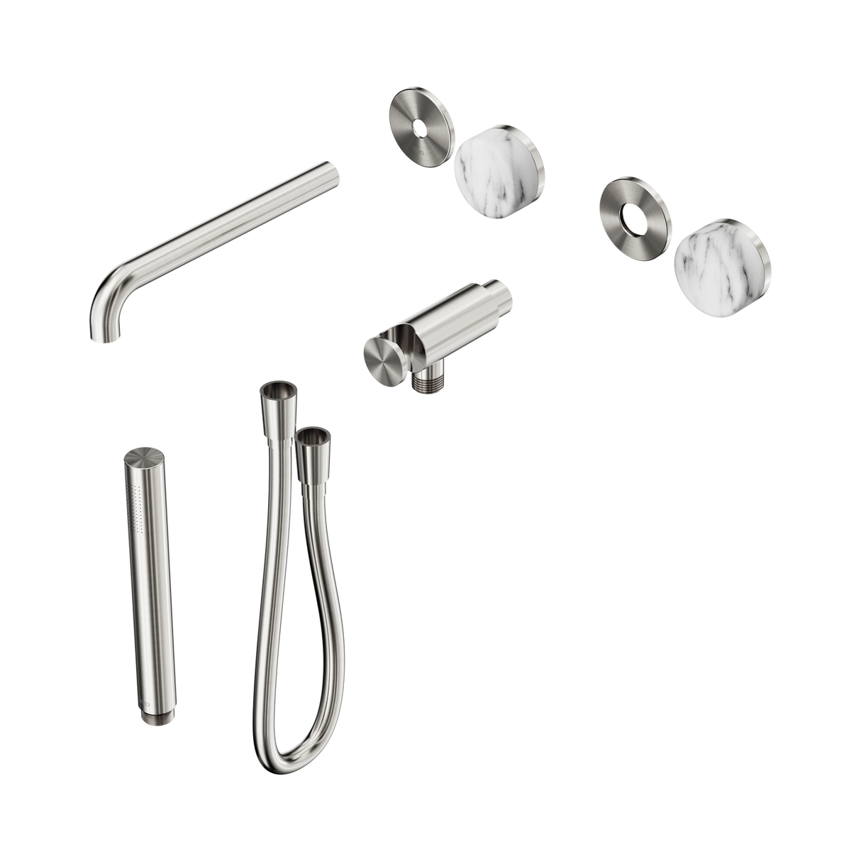 An image of Nero Tapware's Serenity Progressive Shower System With Spout With Arabescato Corchia Handle And Slim Shower Trim Kit Only Brushed Nickel