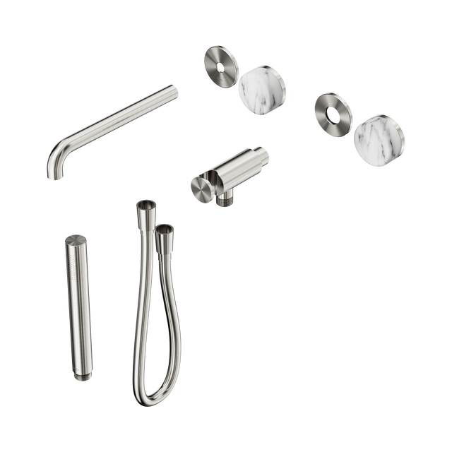 An image of Nero Tapware's Serenity Progressive Shower System With Spout With Arabescato Corchia Handle And Slim Shower Trim Kit Only Brushed Nickel