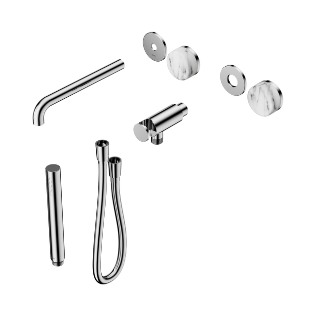 An image of Nero Tapware's Serenity Progressive Shower System With Spout With Arabescato Corchia Handle And Slim Shower Trim Kit Only Chrome