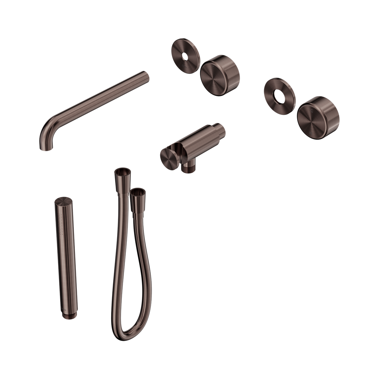 An image of Nero Tapware's Serenity Progressive Shower System With Spout With Metal Handle And Slim Shower Trim Kit Only Brushed Bronze