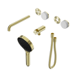 An image of Nero Tapware's Serenity Progressive Shower System With Spout With Carrara Handle And Serenity Hand Shower Trim Kit Only Brushed Gold