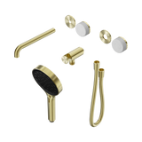 An image of Nero Tapware's Serenity Progressive Shower System With Spout With Carrara Handle And Serenity Hand Shower Trim Kit Only Brushed Gold