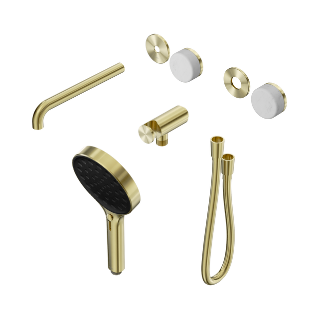 An image of Nero Tapware's Serenity Progressive Shower System With Spout With Carrara Handle And Serenity Hand Shower Trim Kit Only Brushed Gold