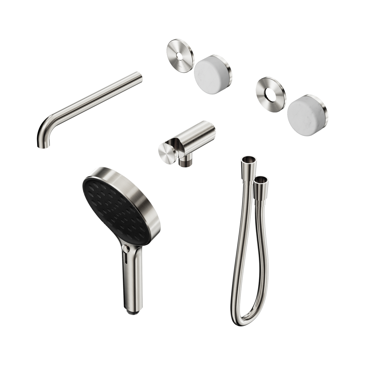 An image of Nero Tapware's Serenity Progressive Shower System With Spout With Carrara Handle And Serenity Hand Shower Trim Kit Only Brushed Nickel