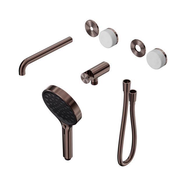 An image of Nero Tapware's Serenity Progressive Shower System With Spout With Carrara Handle And Serenity Hand Shower Trim Kit Only Brushed Bronze