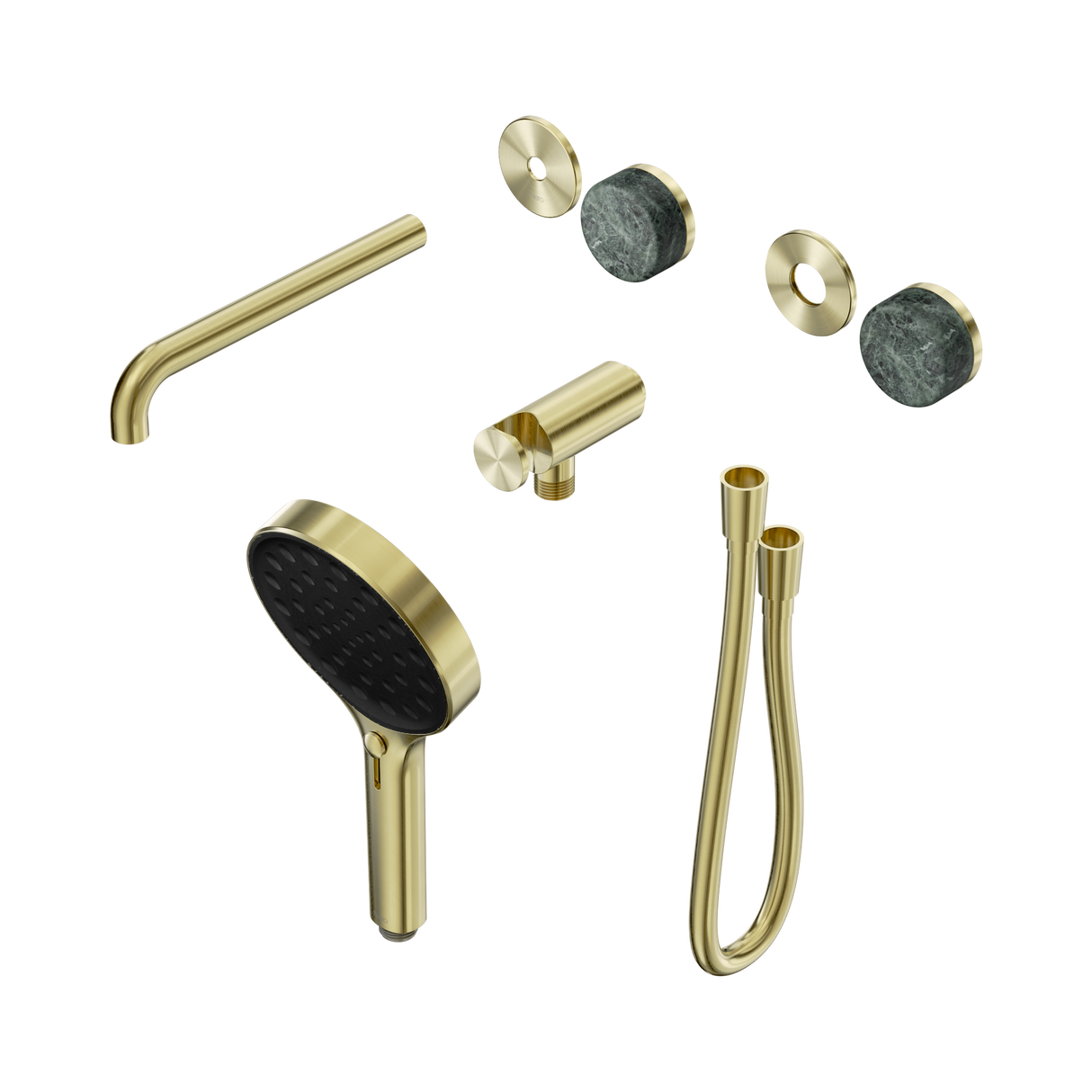 An image of Nero Tapware's Serenity Progressive Shower System With Spout With Verde Alpi Handle And Serenity Hand Shower Trim Kit Only Brushed Gold