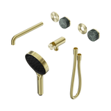 An image of Nero Tapware's Serenity Progressive Shower System With Spout With Verde Alpi Handle And Serenity Hand Shower Trim Kit Only Brushed Gold
