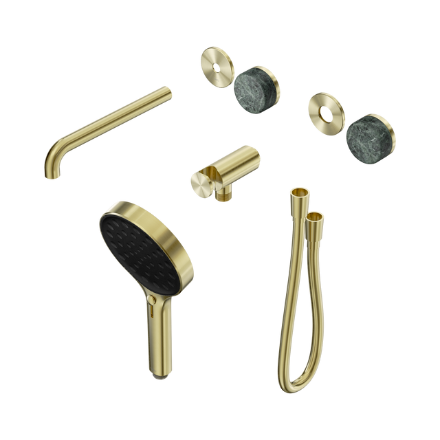 An image of Nero Tapware's Serenity Progressive Shower System With Spout With Verde Alpi Handle And Serenity Hand Shower Trim Kit Only Brushed Gold