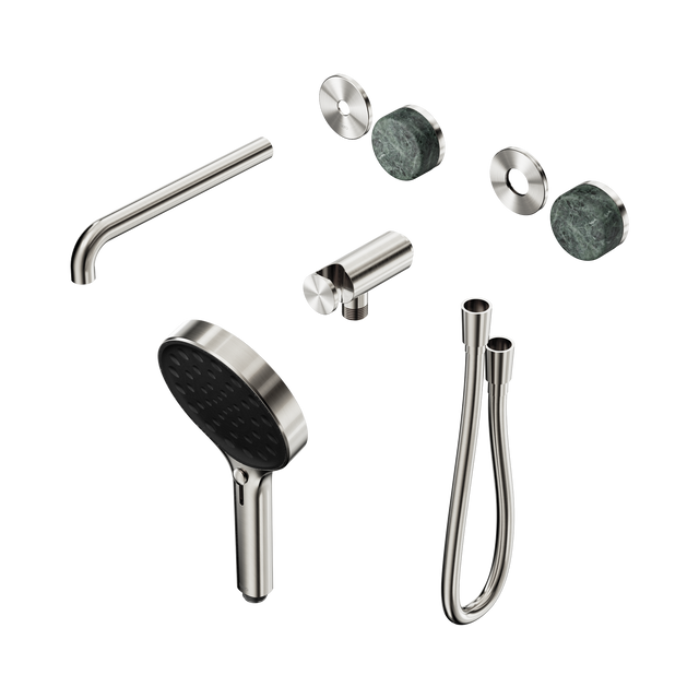 An image of Nero Tapware's Serenity Progressive Shower System With Spout With Verde Alpi Handle And Serenity Hand Shower Trim Kit Only Brushed Nickel
