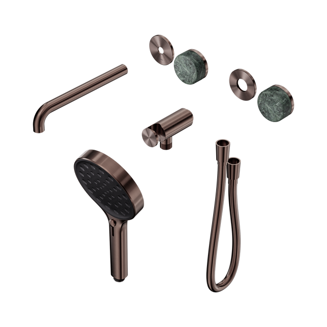 An image of Nero Tapware's Serenity Progressive Shower System With Spout With Verde Alpi Handle And Serenity Hand Shower Trim Kit Only Brushed Bronze