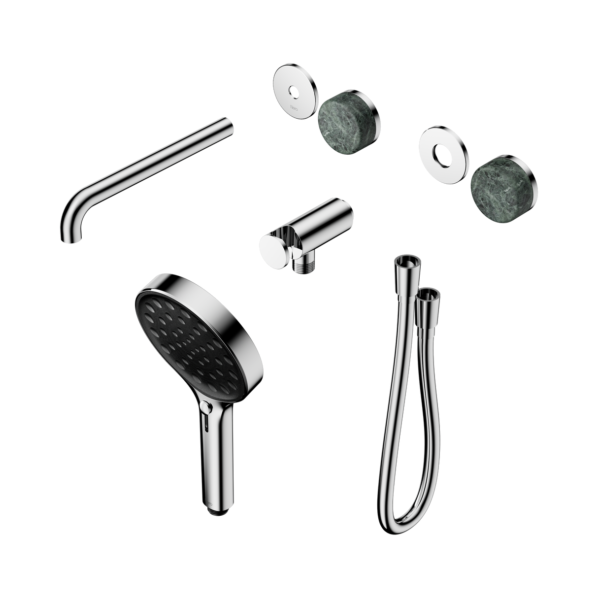 An image of Nero Tapware's Serenity Progressive Shower System With Spout With Verde Alpi Handle And Serenity Hand Shower Trim Kit Only Chrome