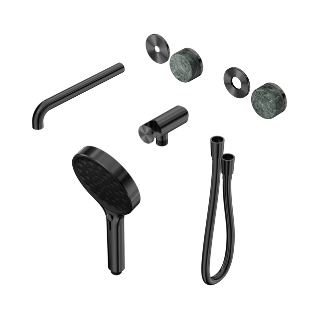 An image of Nero Tapware's Serenity Progressive Shower System With Spout With Verde Alpi Handle And Serenity Hand Shower Trim Kit Only Gun Metal