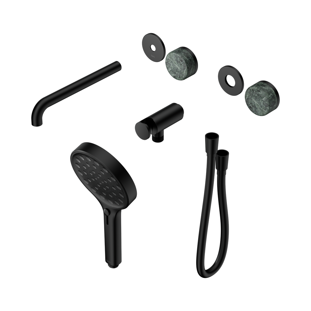An image of Nero Tapware's Serenity Progressive Shower System With Spout With Verde Alpi Handle And Serenity Hand Shower Trim Kit Only Matt Black