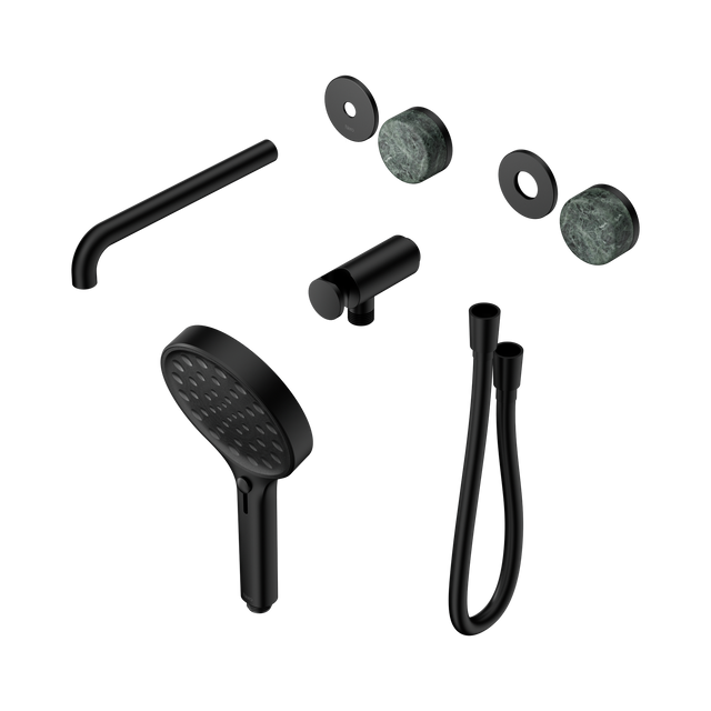 An image of Nero Tapware's Serenity Progressive Shower System With Spout With Verde Alpi Handle And Serenity Hand Shower Trim Kit Only Matt Black