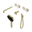 An image of Nero Tapware's Serenity Progressive Shower System With Spout With Rome Travertine Handle And Serenity Hand Shower Trim Kit Only Brushed Gold