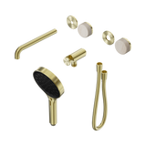 An image of Nero Tapware's Serenity Progressive Shower System With Spout With Rome Travertine Handle And Serenity Hand Shower Trim Kit Only Brushed Gold