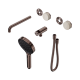 An image of Nero Tapware's Serenity Progressive Shower System With Spout With Rome Travertine Handle And Serenity Hand Shower Trim Kit Only Brushed Bronze