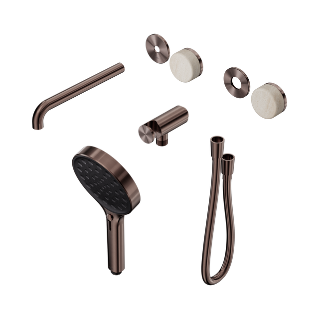 An image of Nero Tapware's Serenity Progressive Shower System With Spout With Rome Travertine Handle And Serenity Hand Shower Trim Kit Only Brushed Bronze