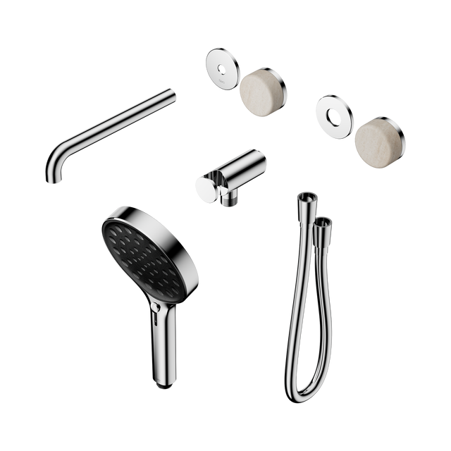 An image of Nero Tapware's Serenity Progressive Shower System With Spout With Rome Travertine Handle And Serenity Hand Shower Trim Kit Only Chrome