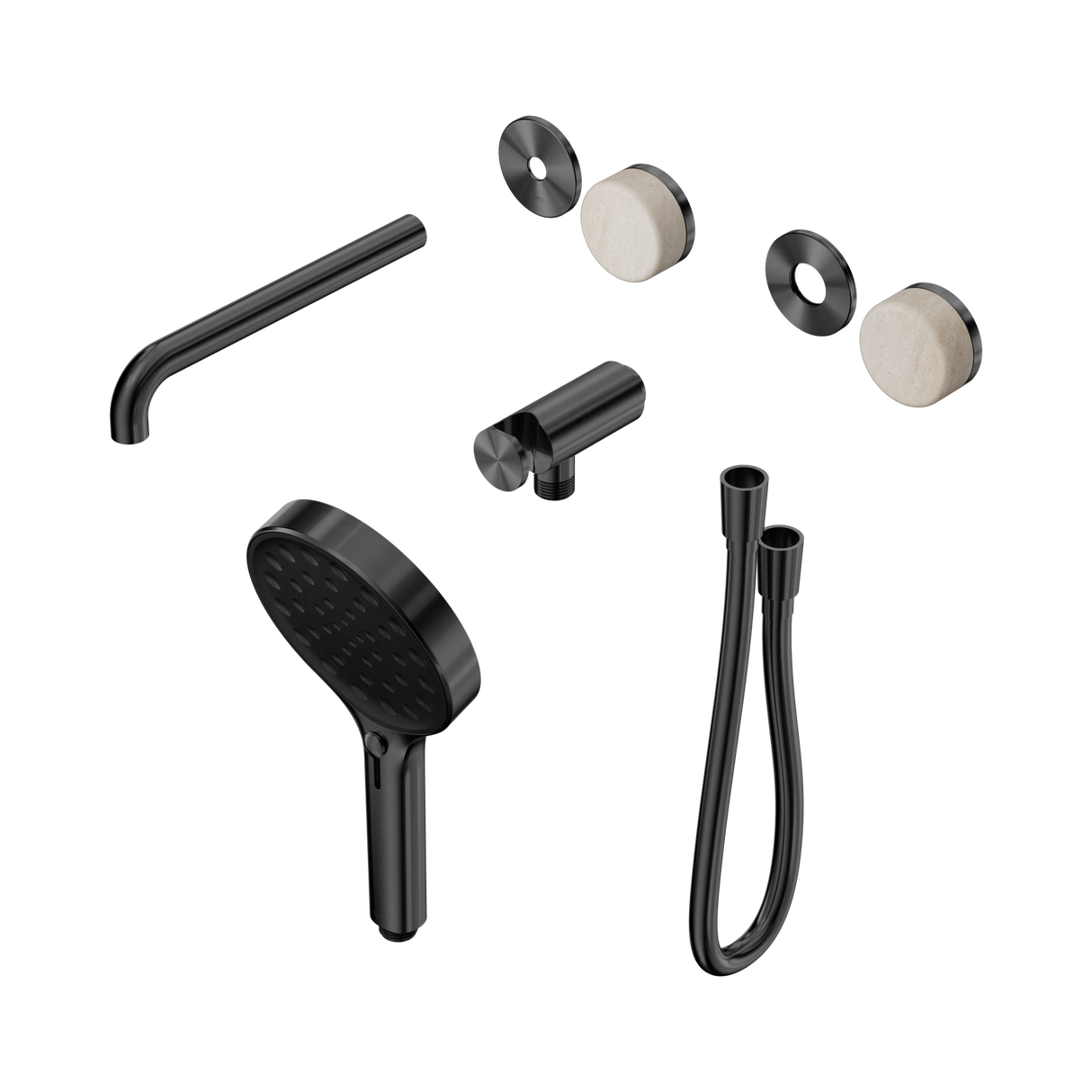 An image of Nero Tapware's Serenity Progressive Shower System With Spout With Rome Travertine Handle And Serenity Hand Shower Trim Kit Only Gun Metal