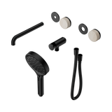 An image of Nero Tapware's Serenity Progressive Shower System With Spout With Rome Travertine Handle And Serenity Hand Shower Trim Kit Only Matt Black