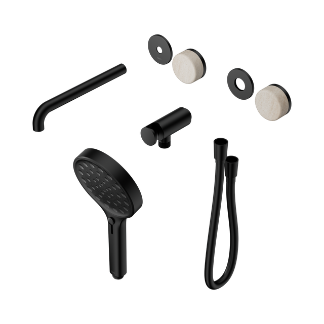 An image of Nero Tapware's Serenity Progressive Shower System With Spout With Rome Travertine Handle And Serenity Hand Shower Trim Kit Only Matt Black